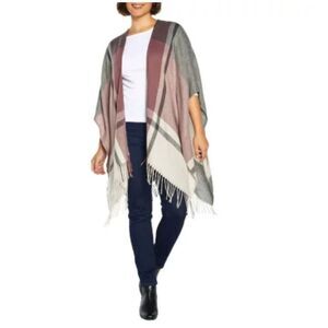 NWT Three Dots Cashmere/Wool Blend Celine Rose Plaid Poncho One Size MSRP $98